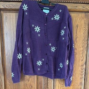 Christopher & Banks Purple Cardigan Sweater with Embroidered flowers